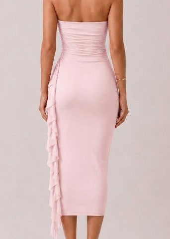 Strapless Ruched Ruffle Midi Dress