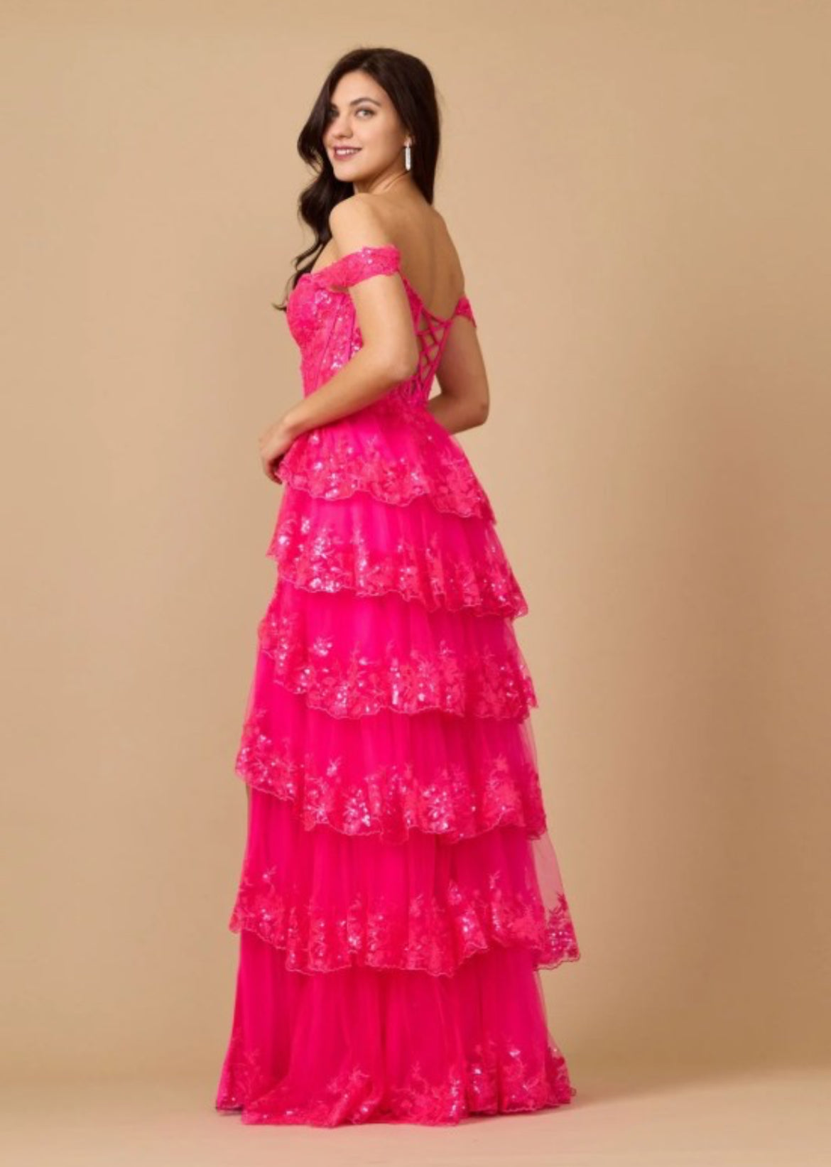 DD1343 Fuchsia Long Sequin Sheer Corset Prom Dress