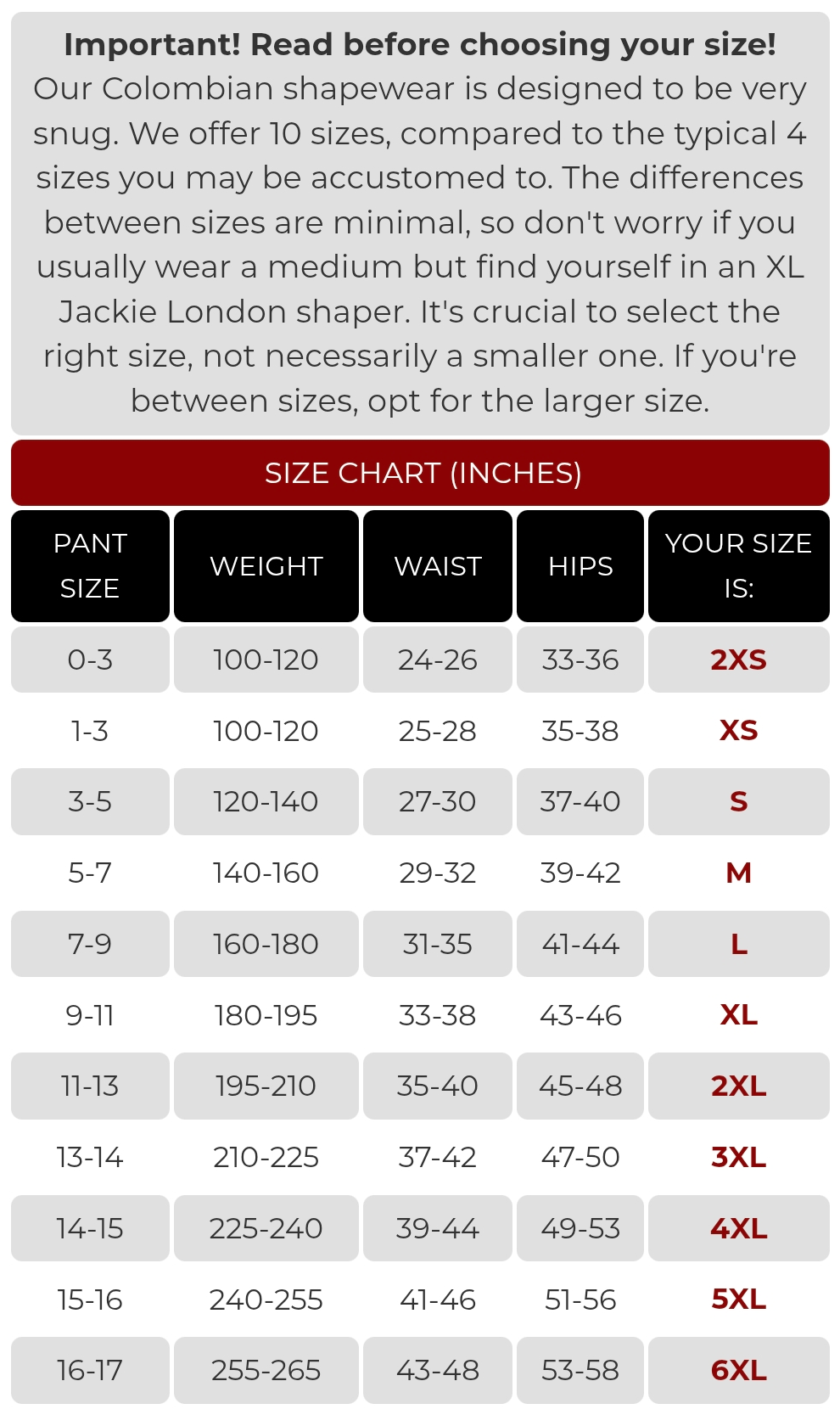 Size chart for Colombian shapewear with weight, waist, and hip measurements.