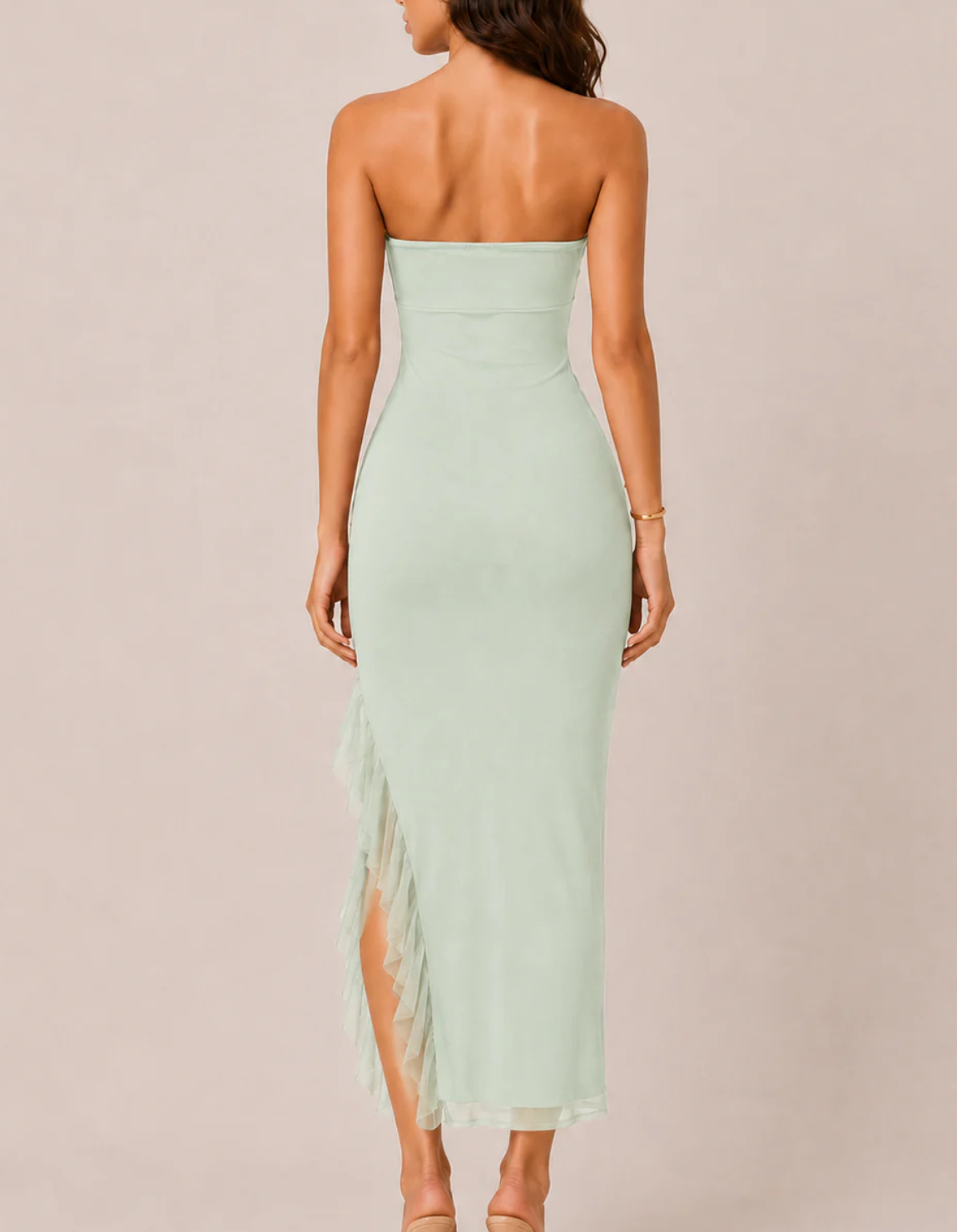 Strapless Midi Ruffle Slit Dress