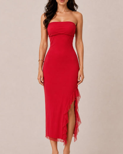 Strapless Midi Ruffle Slit Dress