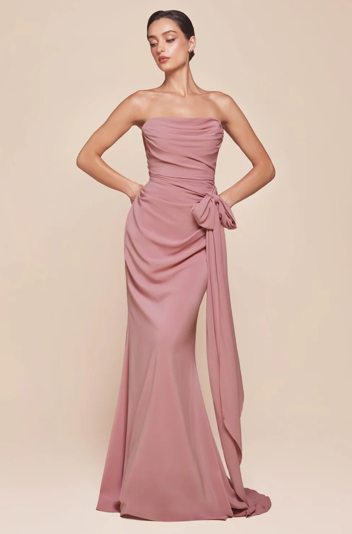 LA 7433+ Strapless Chiffon Gown