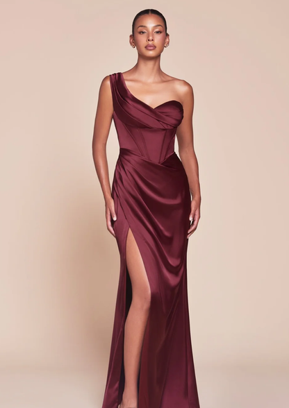 LA 7448+ Asymmetrical Pleated Satin Gown