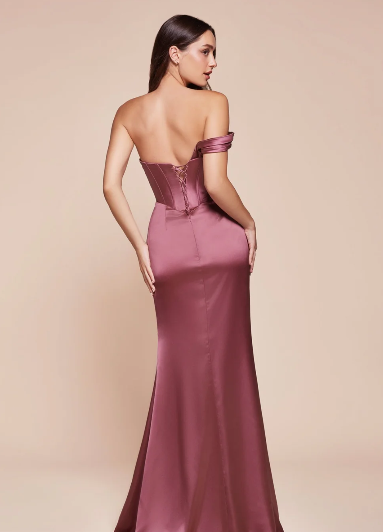 LA 7448+ Asymmetrical Pleated Satin Gown