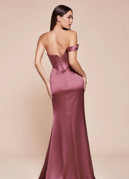 LA 7448+ Asymmetrical Pleated Satin Gown