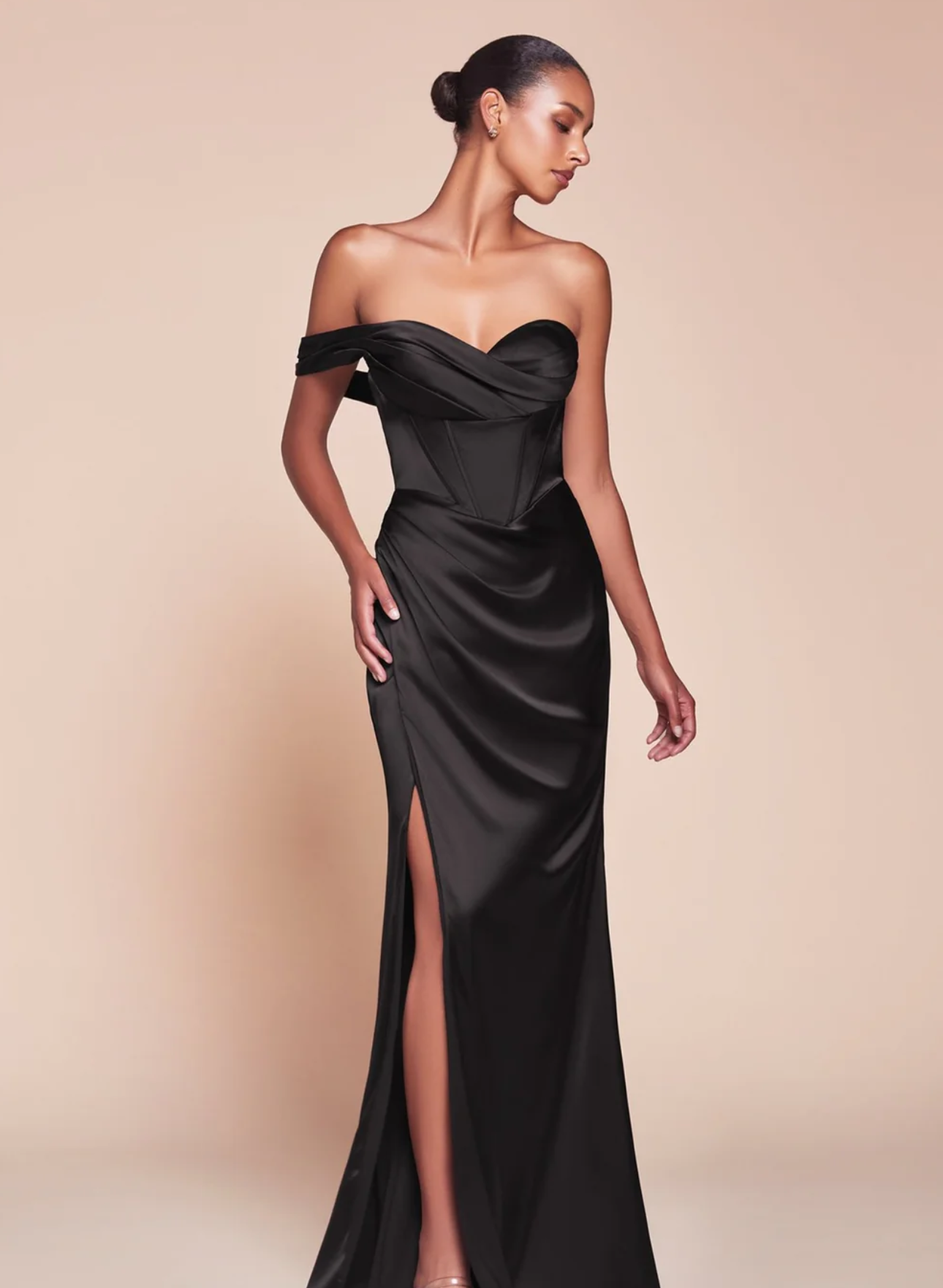 LA 7448+ Asymmetrical Pleated Satin Gown