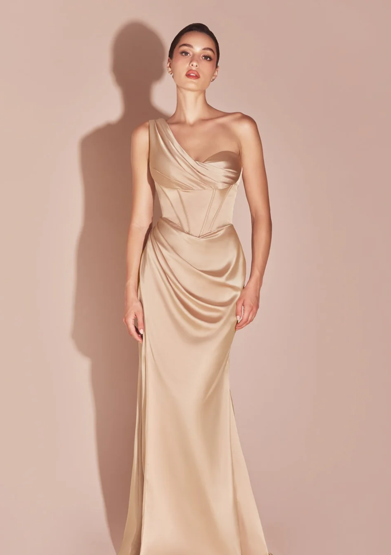 LA 7448+ Asymmetrical Pleated Satin Gown