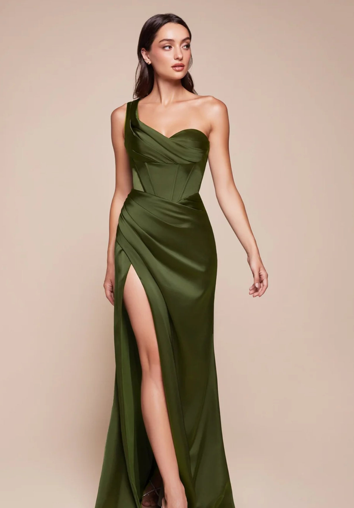 LA 7448+ Asymmetrical Pleated Satin Gown