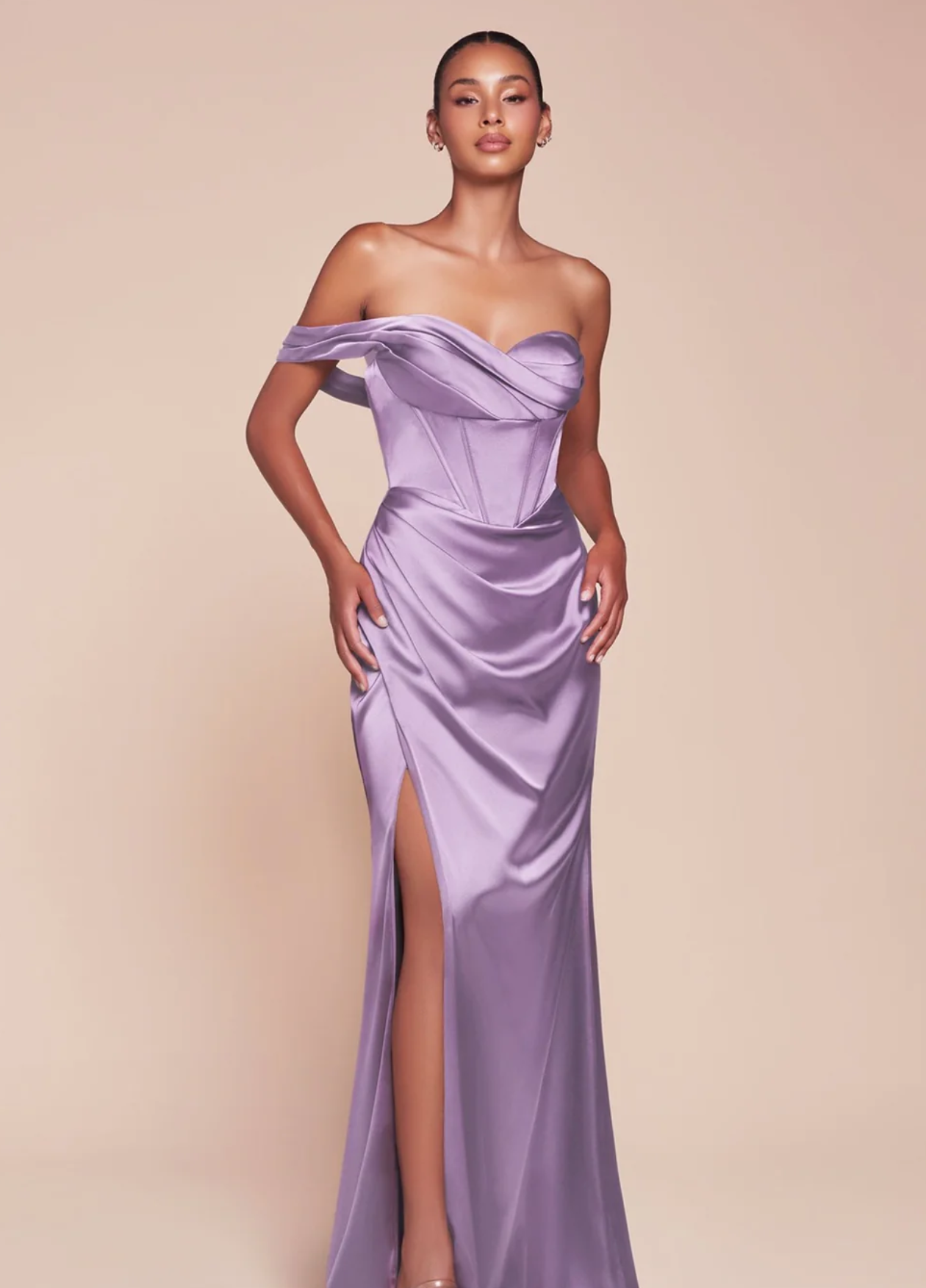 LA 7448+ Asymmetrical Pleated Satin Gown