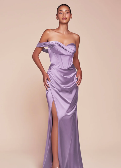 LA 7448+ Asymmetrical Pleated Satin Gown