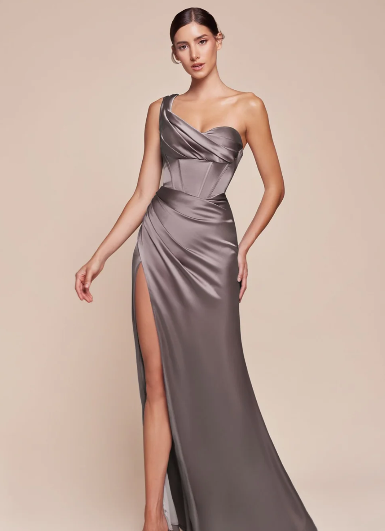 LA 7448+ Asymmetrical Pleated Satin Gown