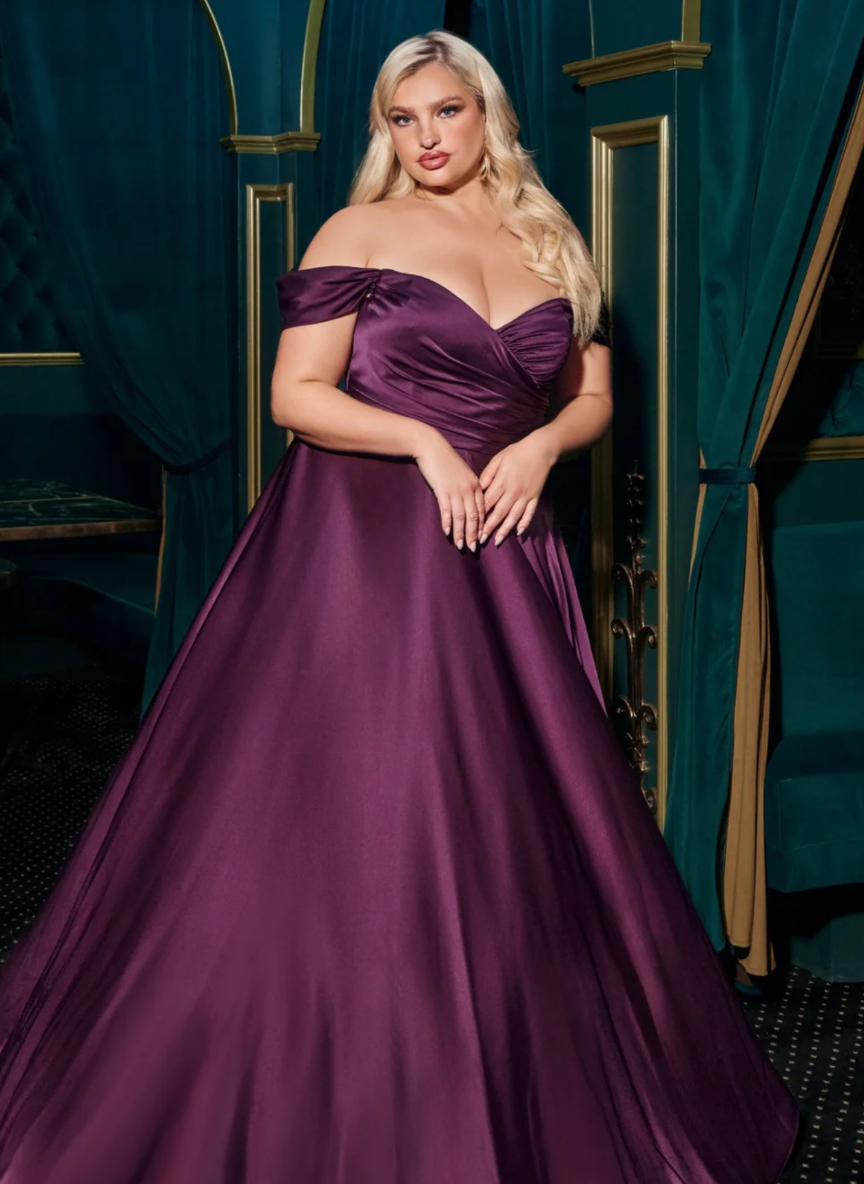 LA 7493C+ PLUS Satin Sweetheart Off The Shoulder Gown
