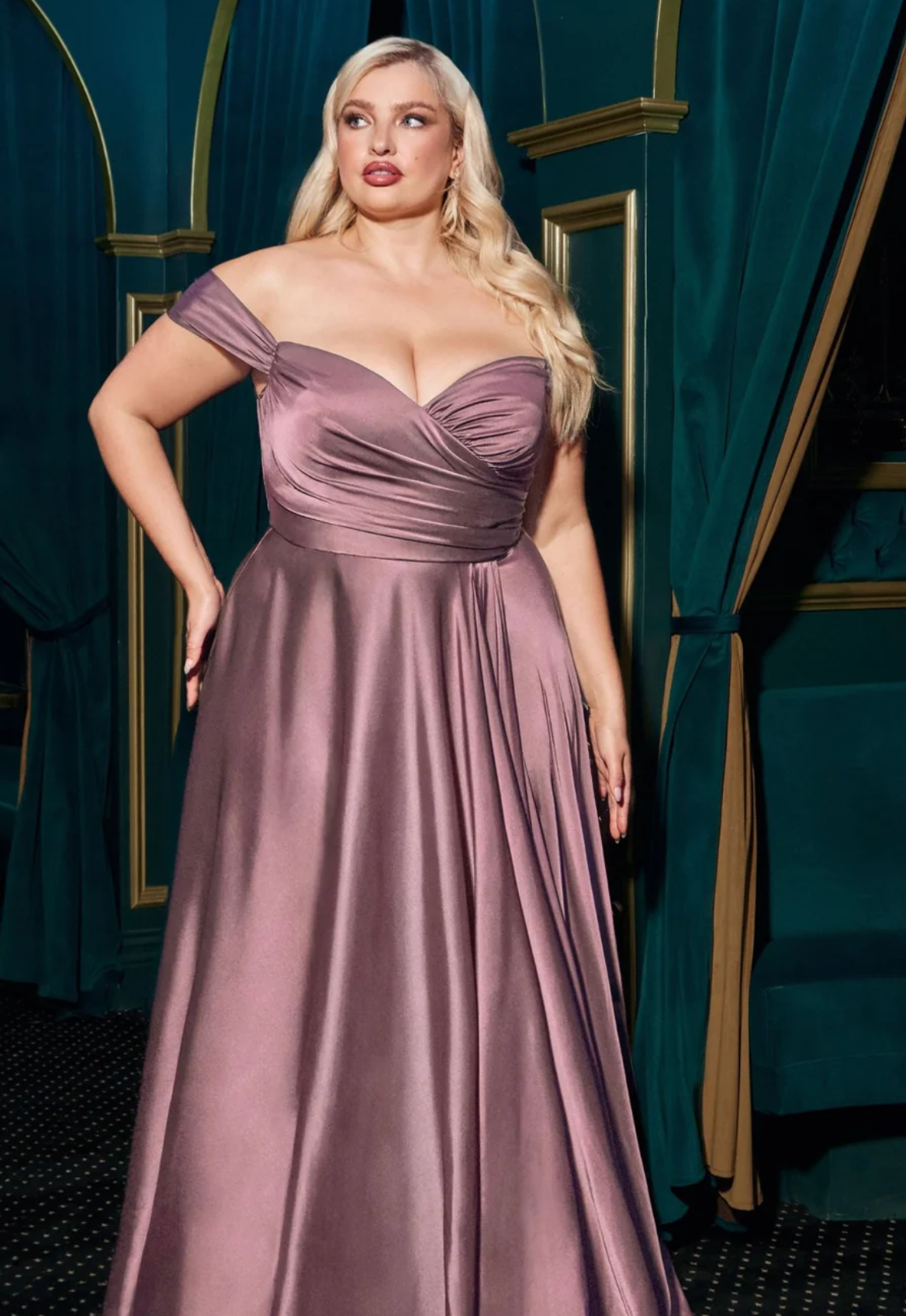 LA 7493C+ PLUS Satin Sweetheart Off The Shoulder Gown