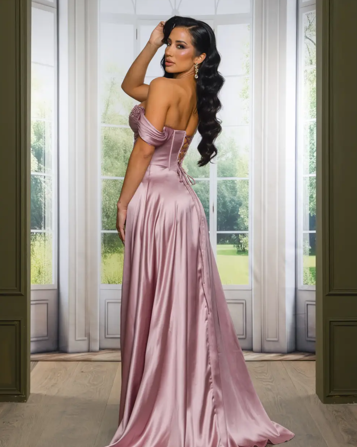 RIC 7550+ Floral Beaded Off the Shoulder Satin Gown