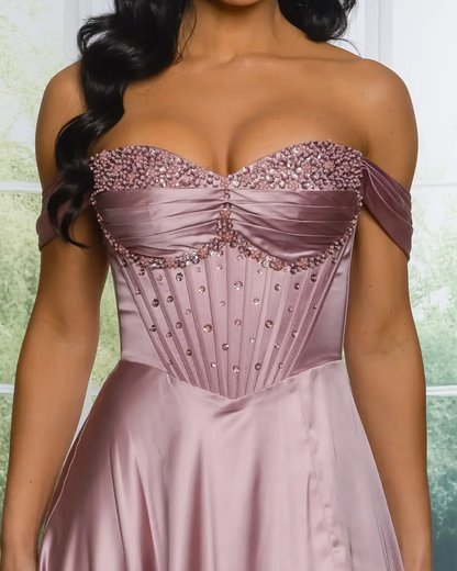 RIC 7550+ Floral Beaded Off the Shoulder Satin Gown
