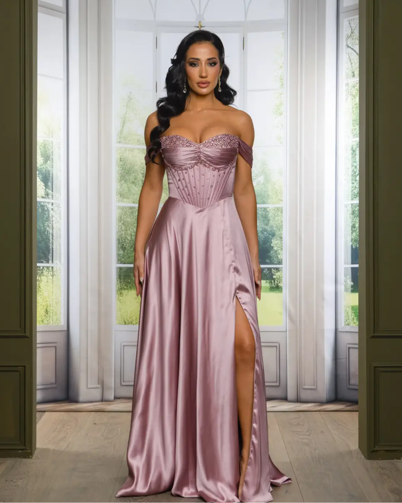 RIC 7550+ Floral Beaded Off the Shoulder Satin Gown
