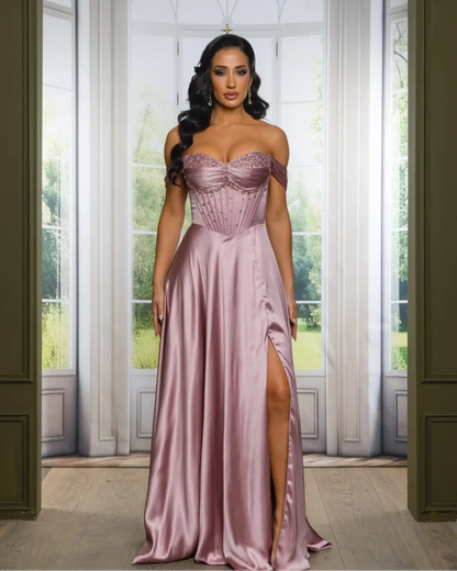 RIC 7550+ Floral Beaded Off the Shoulder Satin Gown