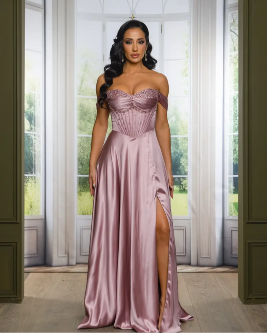 RIC 7550+ Floral Beaded Off the Shoulder Satin Gown