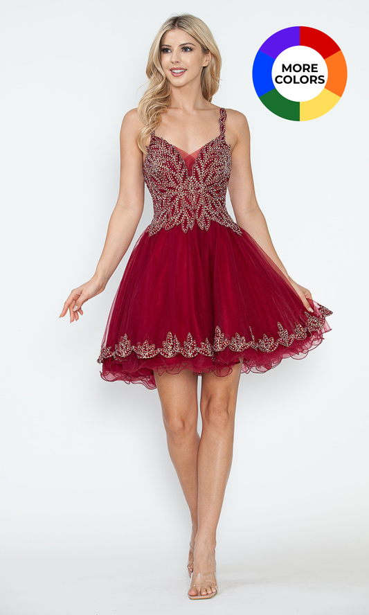 LE 8234+ Leaf Embroidered Layered Short Dress