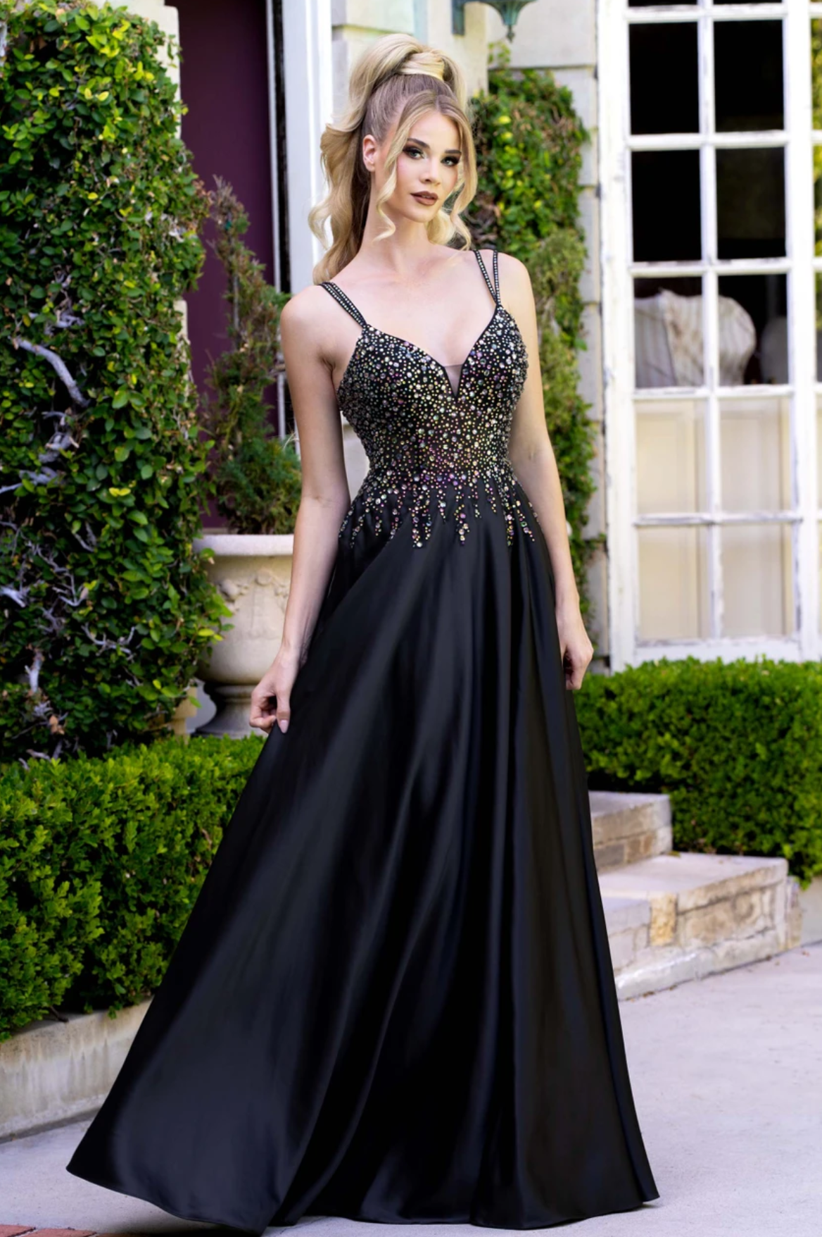 LE 8331+ Jeweled V Neck Gown