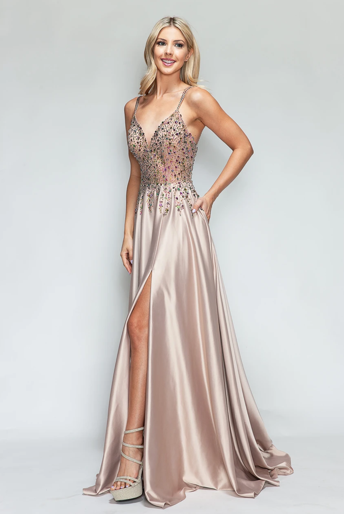 LE 8331+ Jeweled V Neck Gown