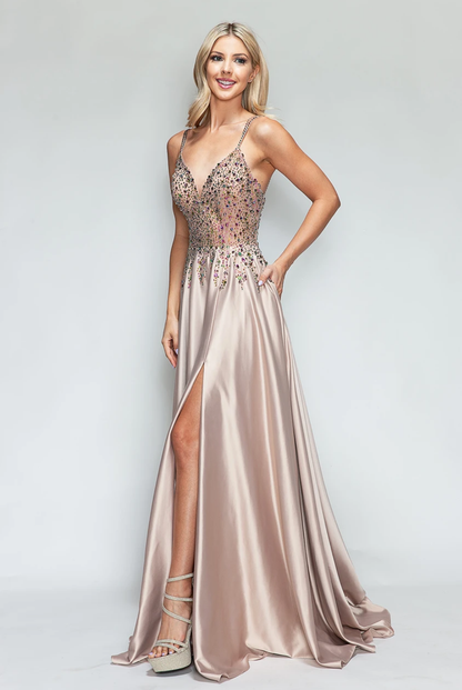 LE 8331+ Jeweled V Neck Gown