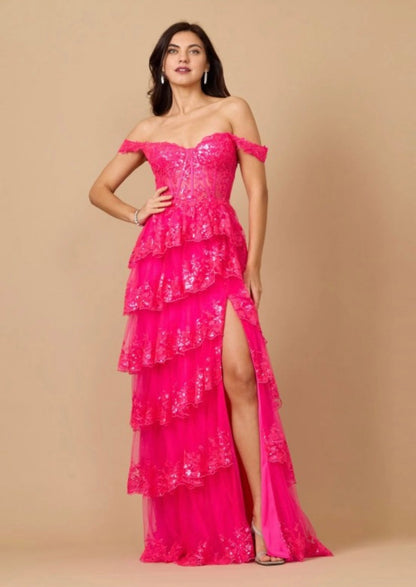 DD1343 Fuchsia Long Sequin Sheer Corset Prom Dress