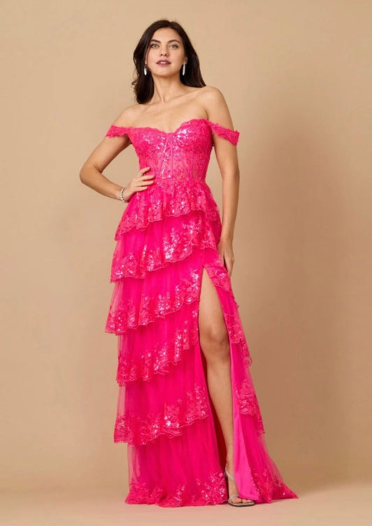 DD1343 Fuchsia Long Sequin Sheer Corset Prom Dress