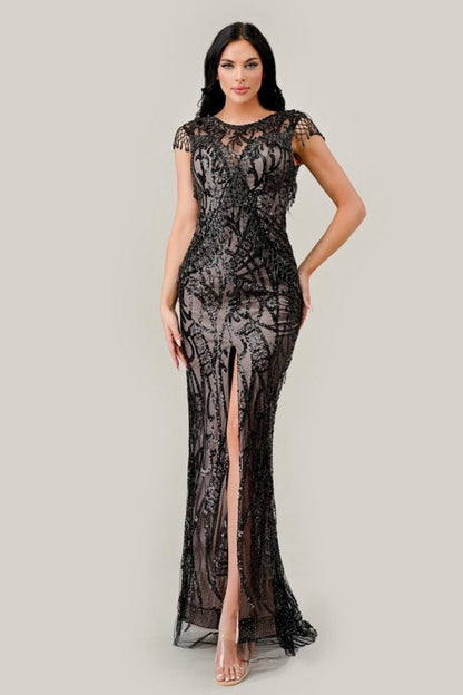 LA CC4007+ Black Nude Sheath Sequin Gown