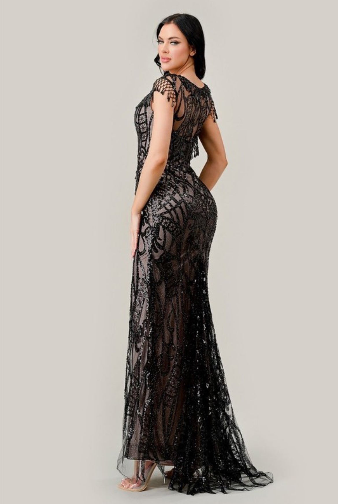 LA CC4007+ Black Nude Sheath Sequin Gown