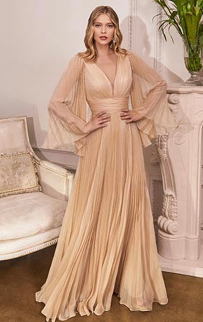 NR CD242 Champagne Pleated Chiffon Long Sleeve Gown