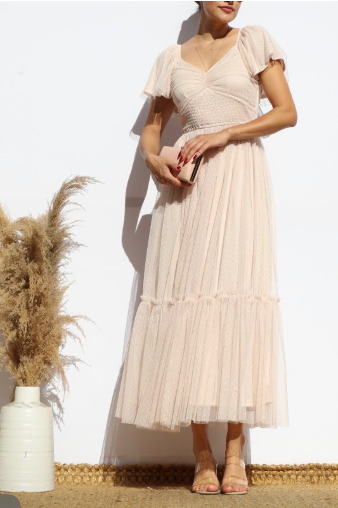 Ruffled Mesh Midi Dress