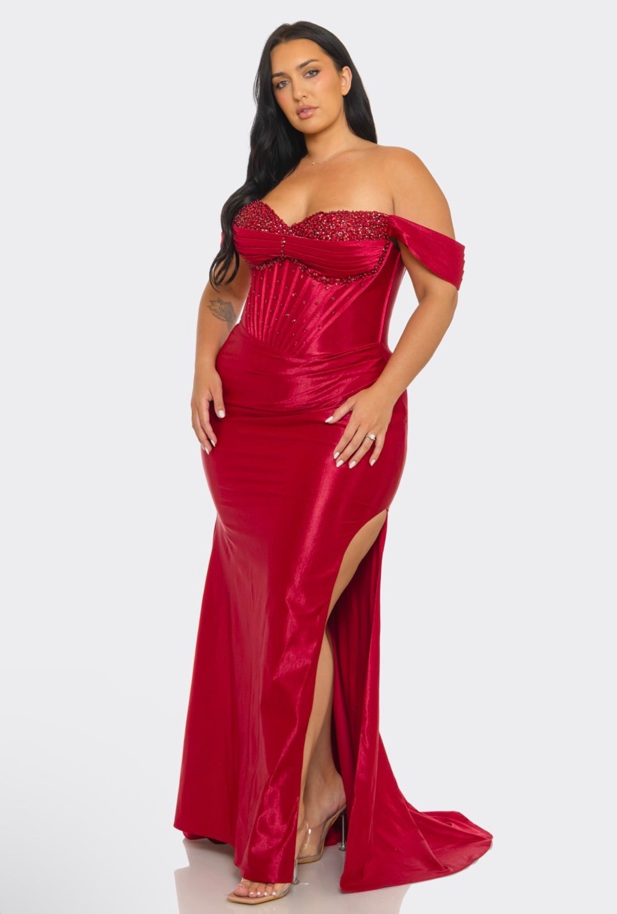 RIC P7583+ PLUS Beaded Off the Shoulder Gown