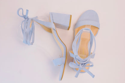 IVONNE BLUE SUEDE WRAP UP SHORT HEELS