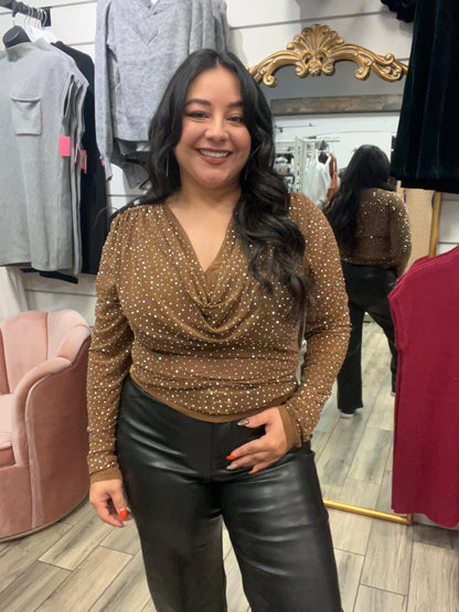 SHINE BRIGHT BROWN COWL NECK SHEER MESH TOP