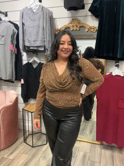 SHINE BRIGHT BROWN COWL NECK SHEER MESH TOP