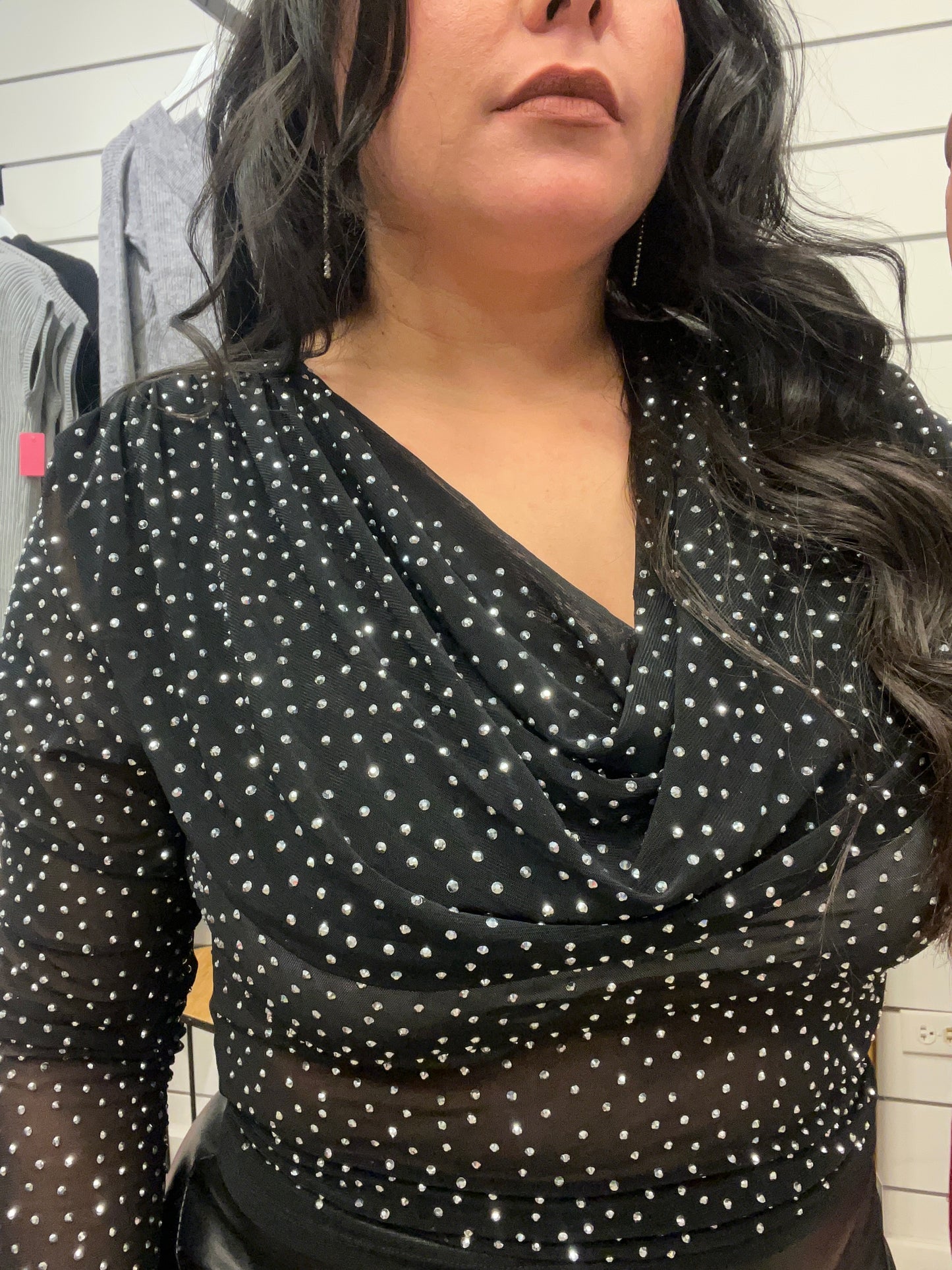 SHINE BRIGHT COWL NECK SHEER MESH TOP