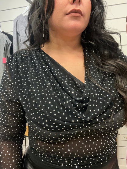 SHINE BRIGHT COWL NECK SHEER MESH TOP