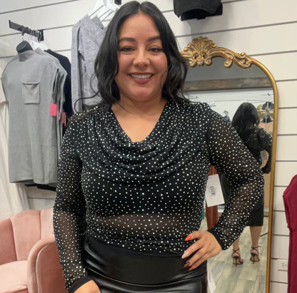 SHINE BRIGHT COWL NECK SHEER MESH TOP