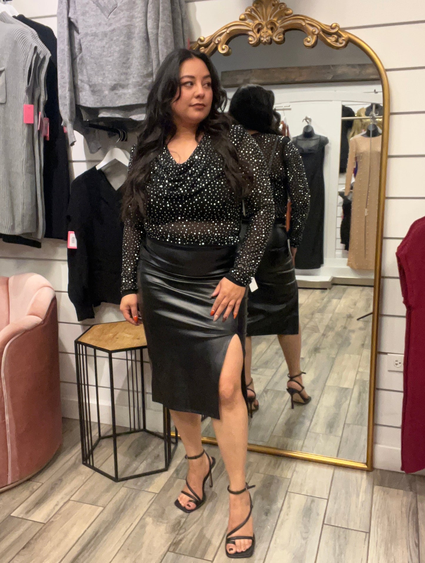 SHINE BRIGHT COWL NECK SHEER MESH TOP