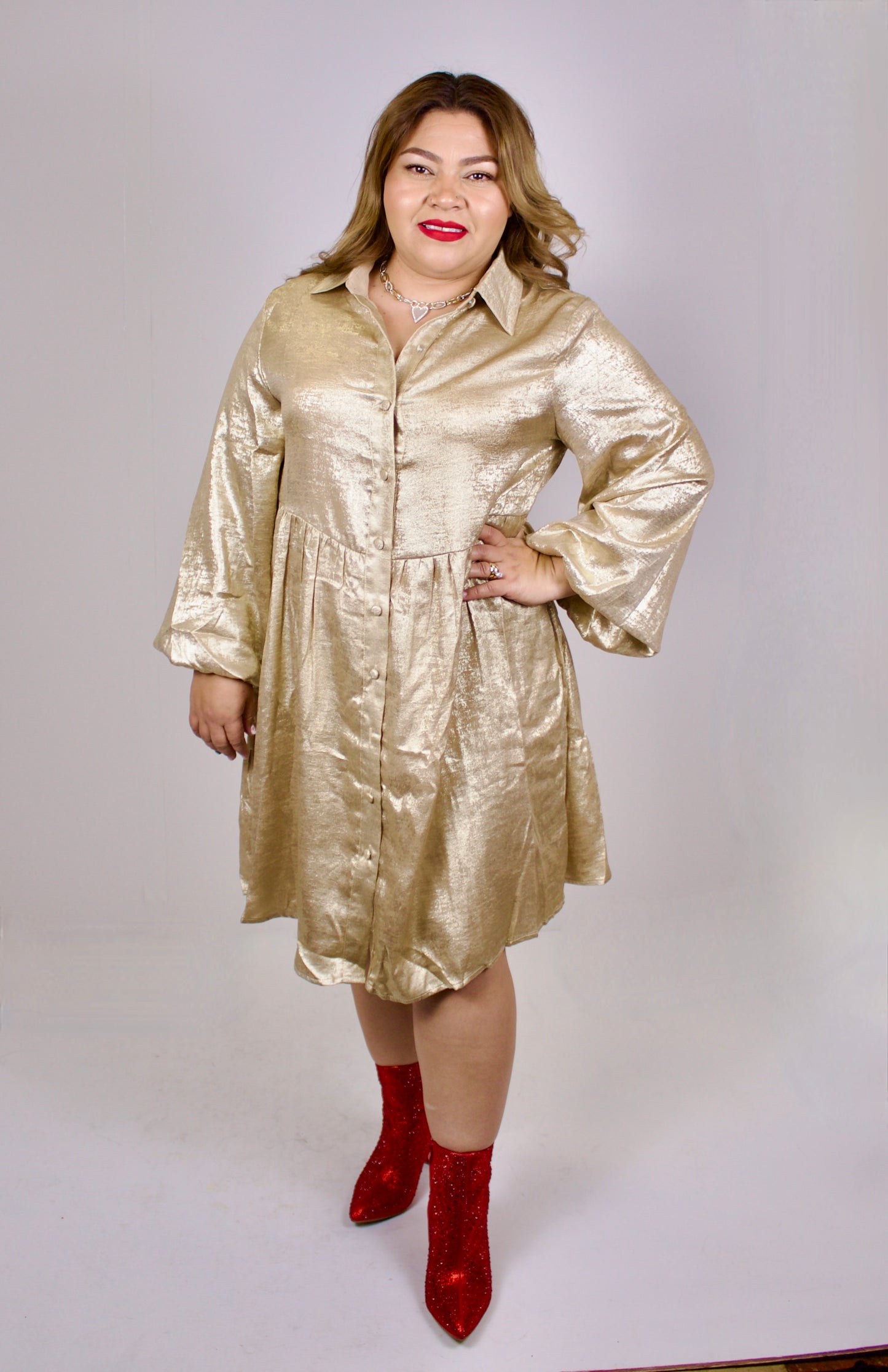 Golden Bronze Long Sleeve Button Up Dress
