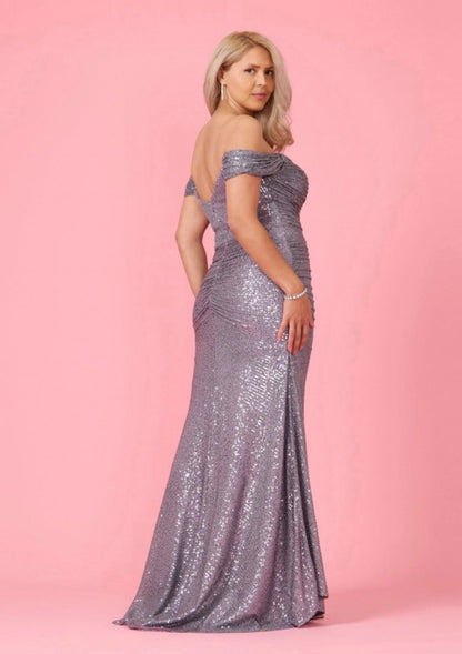 NR DD1294 Charcoal Ruched Sequin Gown