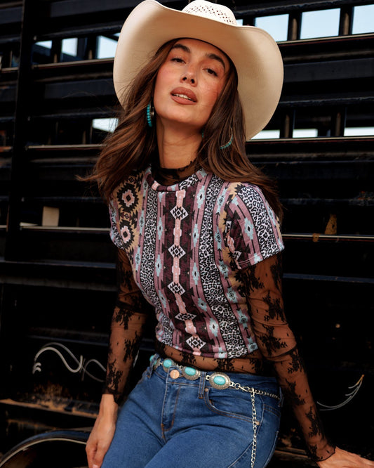 Western Print Crop Top
