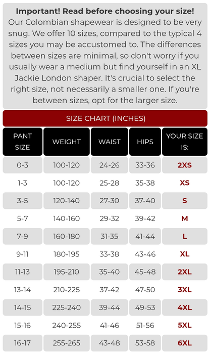 Size chart for Colombian shapewear with weight, waist, and hip measurements.