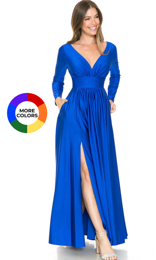 LA MQ1835+ Satin Long Sleeve V Gown