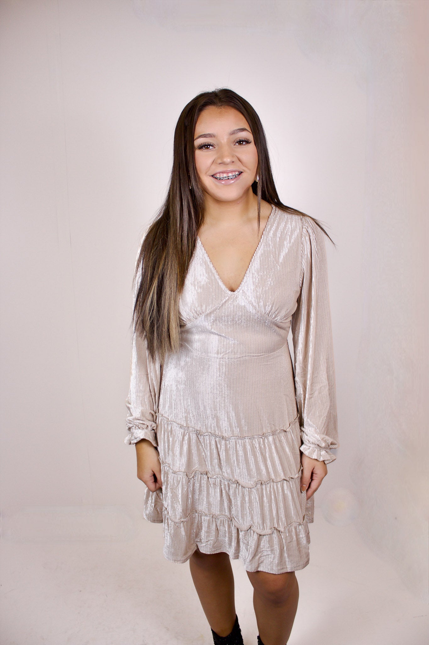 Long Sleeve Ribbed Velvet Dress