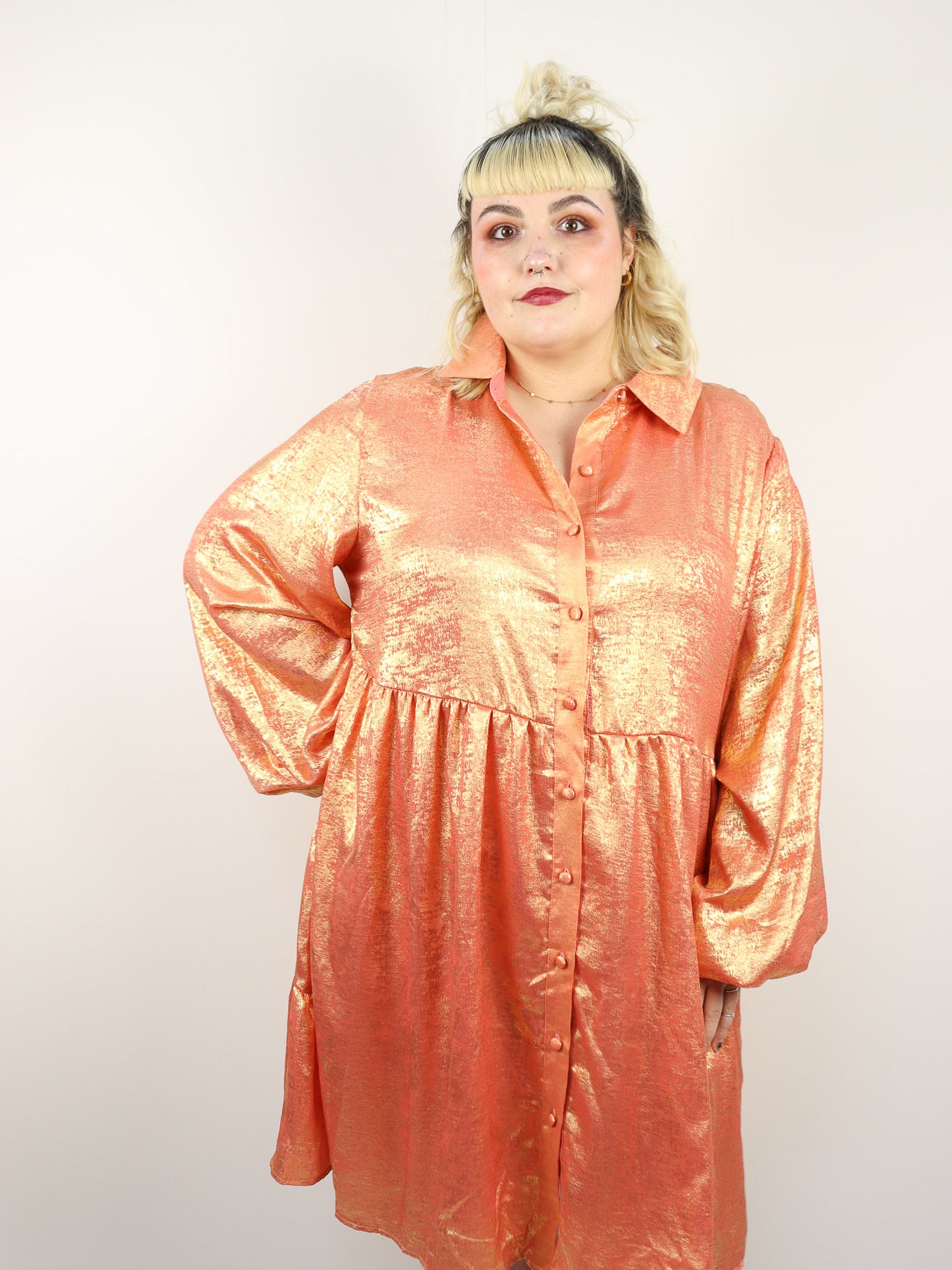 Metallic Coral Button Up Dress