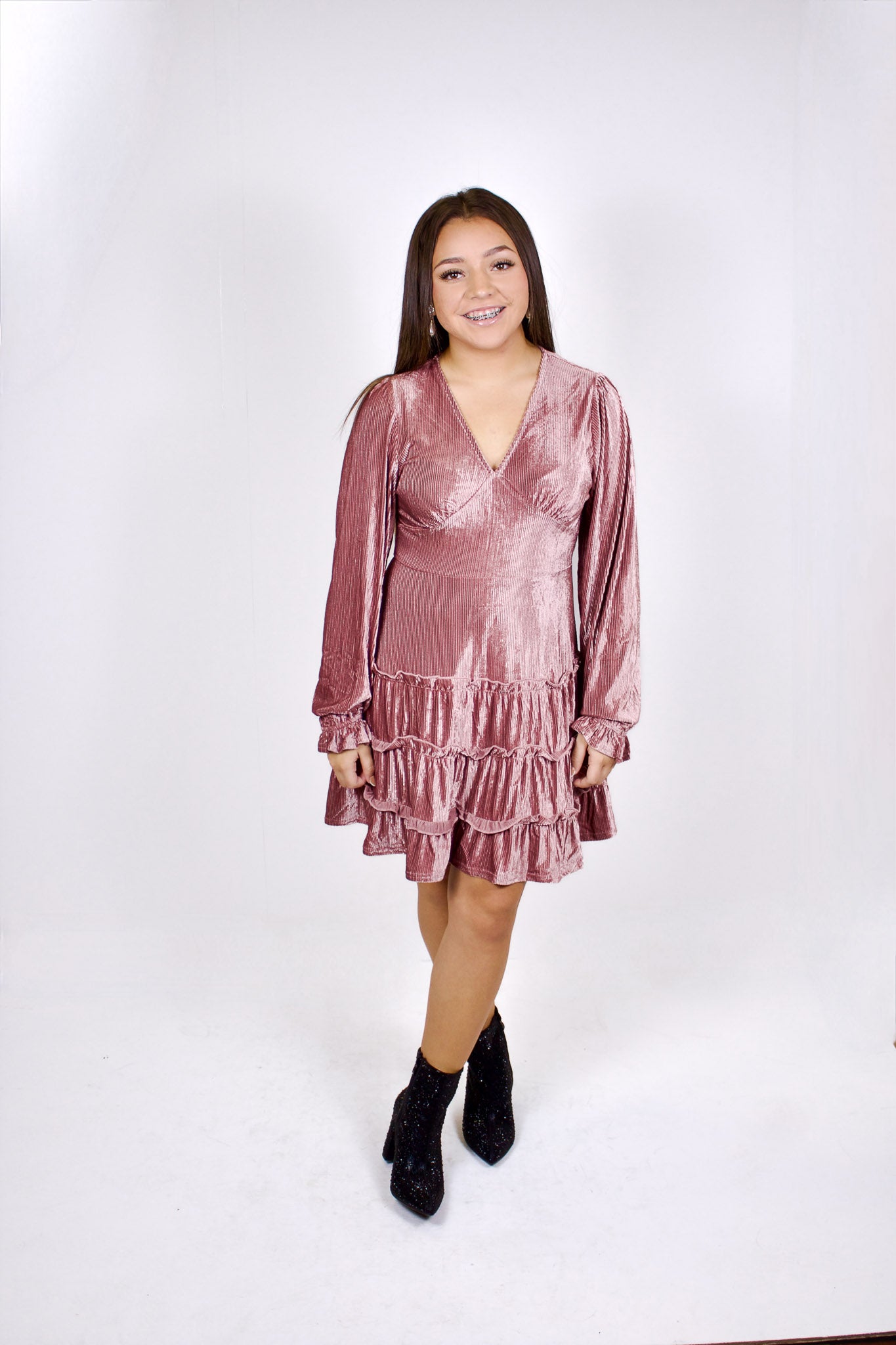 Long Sleeve Ribbed Velvet Dress