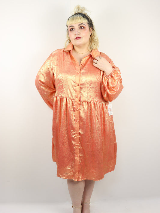 Metallic Coral Button Up Dress