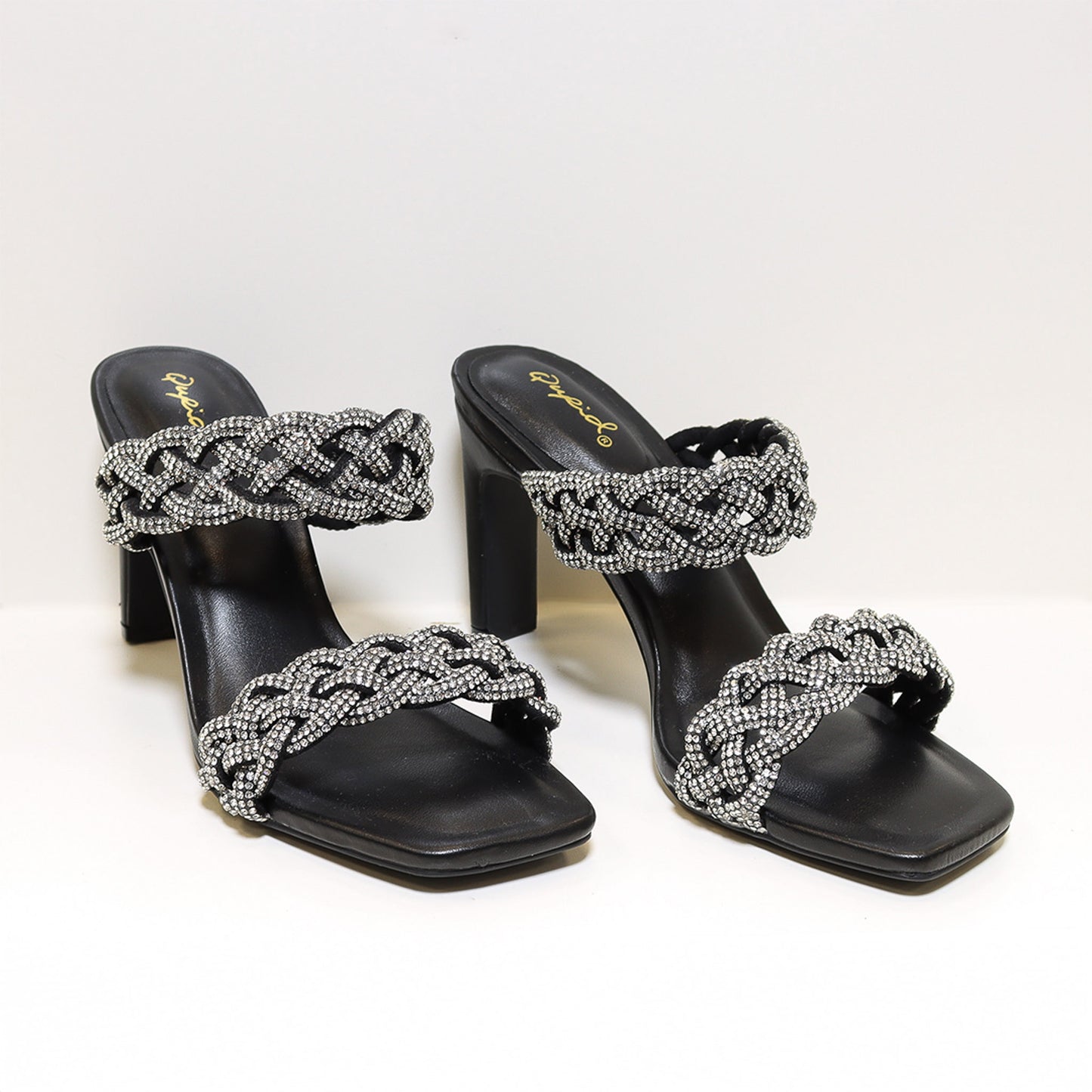 Qupid Kaylee109 Braided Rhinestone Heels - Black/Silver